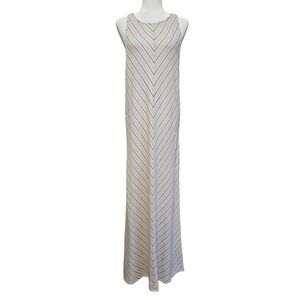 Womens Linen Maxi Dress Med‎ Beige Neutral Sleeveless Striped Boho Resort Summer